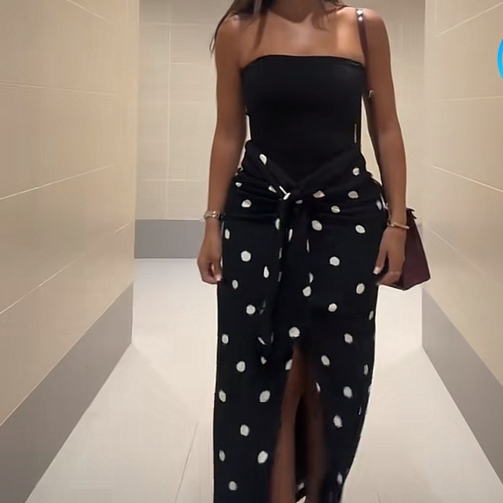 Zara Black Midi Skirt with White Polka Dots